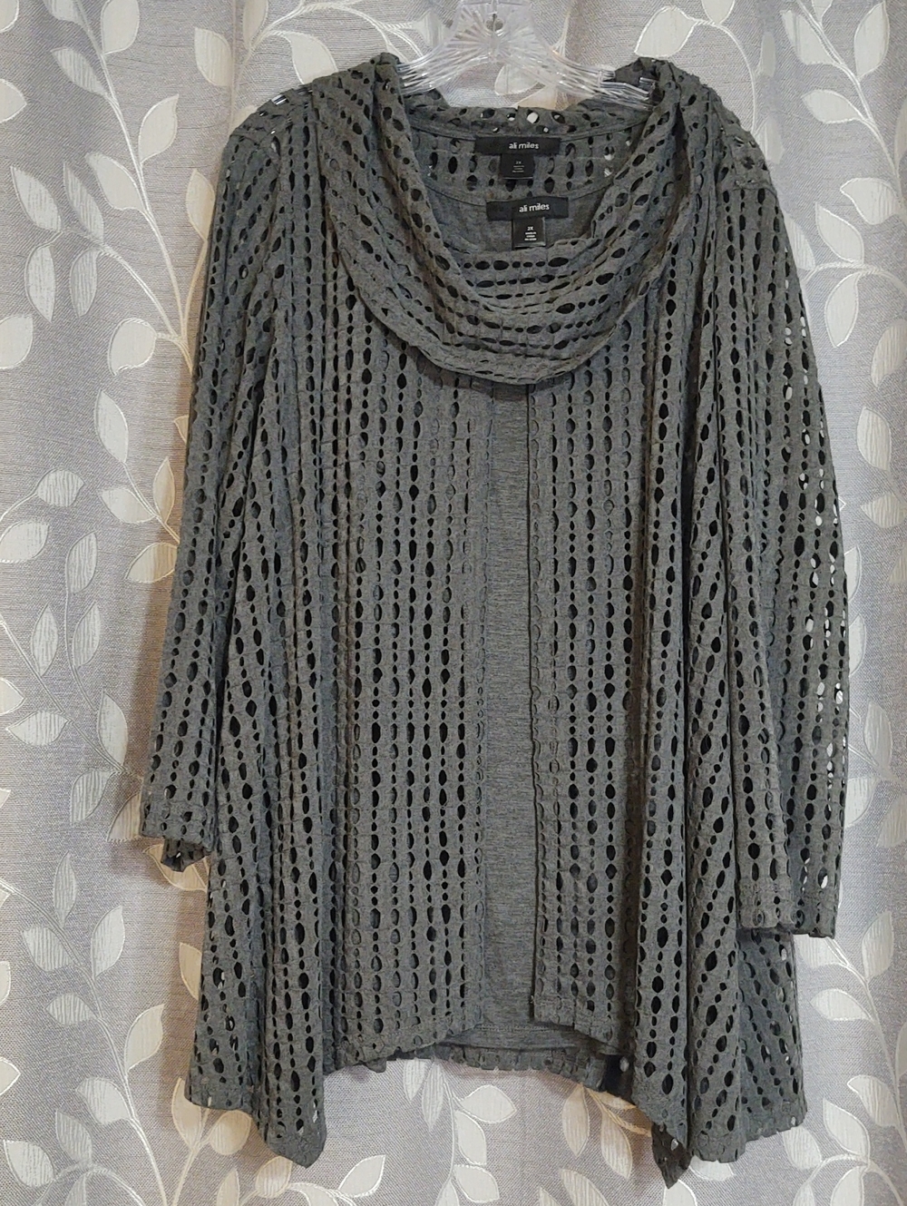 Ali Miles Gray Openwork Cowl-Neck Sweater Cardigan Set size 2X